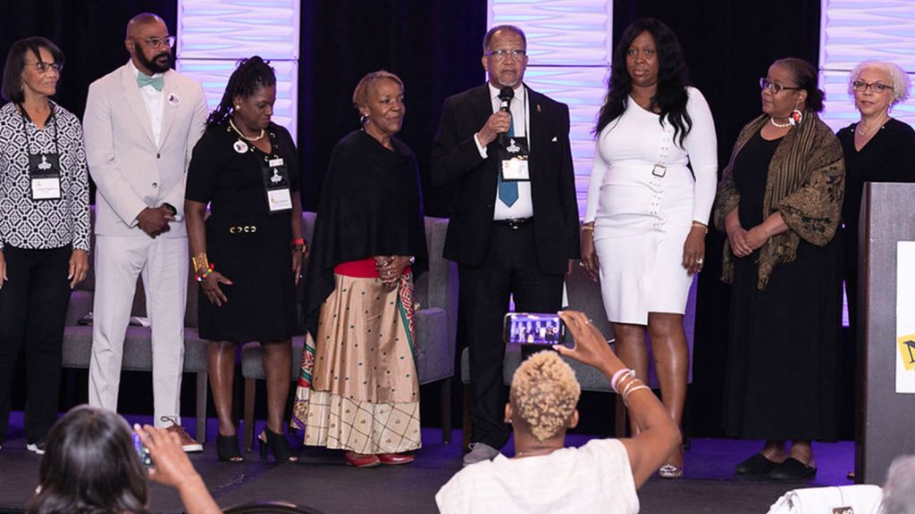 Pictured from left to right: Jackie L. Hampton, NNPA National Secretary and Publisher of the Mississippi Link; Attorney Daryl Jones, Board Chair of the Transformative Justice Coalition; Attorney Barbara Arnwine, the founder, and president of the Transformative Justice Coalition; Fran Farrer, NNPA Second Vice Chair and Publisher of the County News; Dr. Benjamin F. Chavis Jr., NNPA President and CEO; Karen Carter Richards, NNPA Board Chair and President of the Houston Forward Times; Cheryl Smith, NNPA National Treasurer and Publisher of the Texas Metro News; Janis Ware, NNPA Vice Chair and Publisher of the Atlanta Voice.