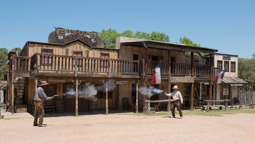 Reenactments of Old West gunfights, like this one at a tourist attraction in Texas in 2014, are part of the mythology underpinning the United States’ gun culture. Carol M. Highsmith via Library of Congress