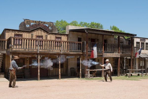 Reenactments of Old West gunfights, like this one at a tourist attraction in Texas in 2014, are part of the mythology underpinning the United States’ gun culture. Carol M. Highsmith via Library of Congress