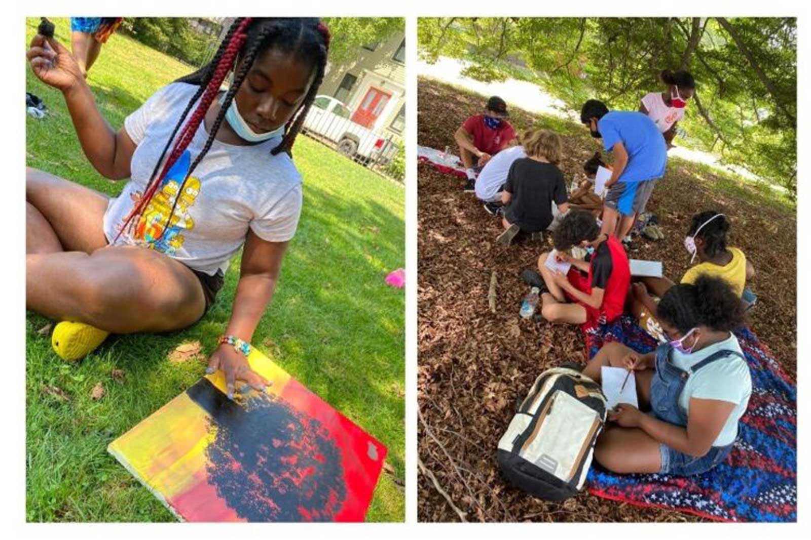 Youth paint what they imagine “Election Day,” an annual gathering of early Black Newporters, might have once looked like at the site where the event used to take place.