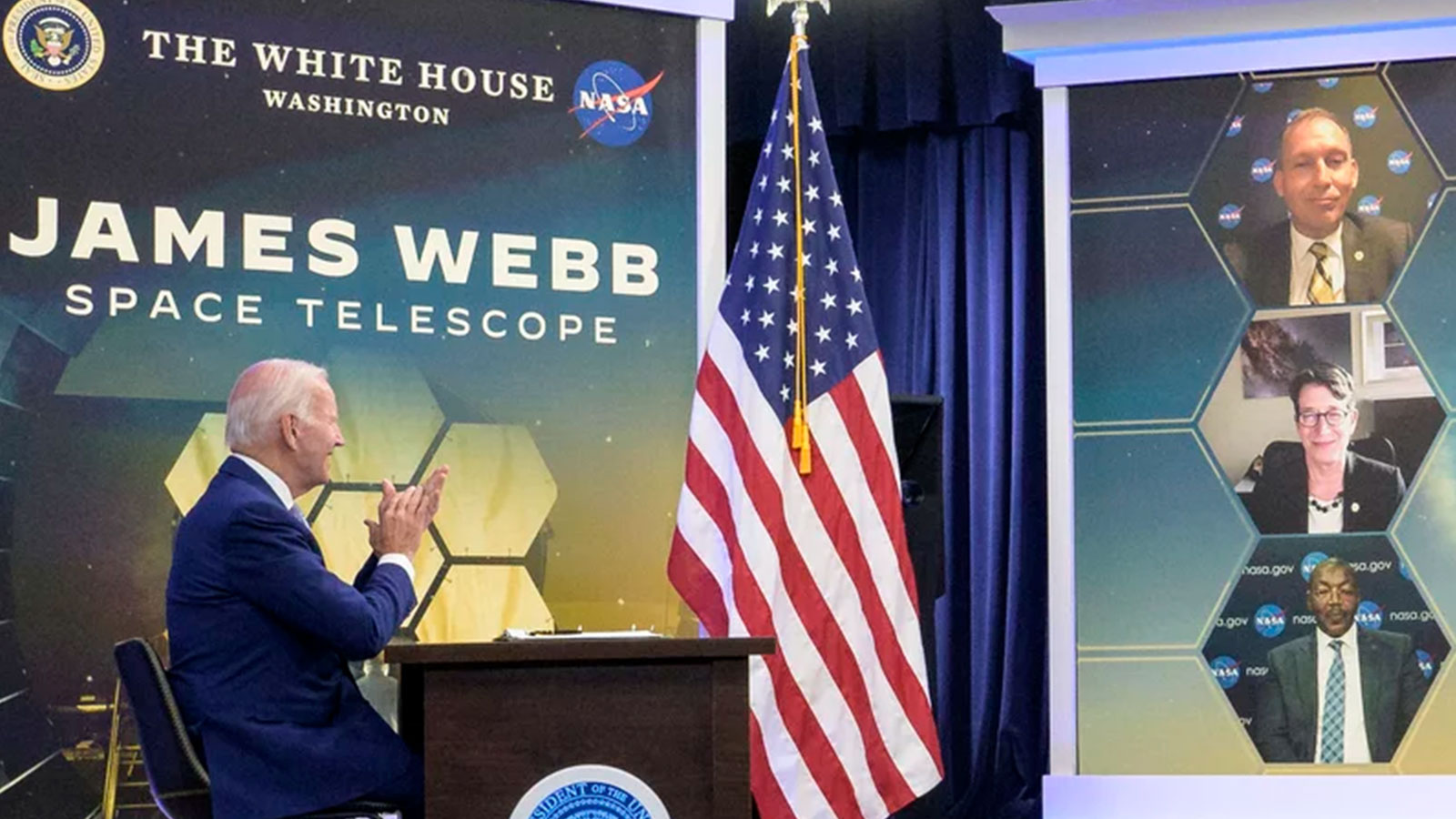 President Biden previews the first full-color image from NASA's James Webb Space Telescope from the White House on Monday, along with three NASA officials including Gregory Robinson (bottom). Bill Ingalls/NASA