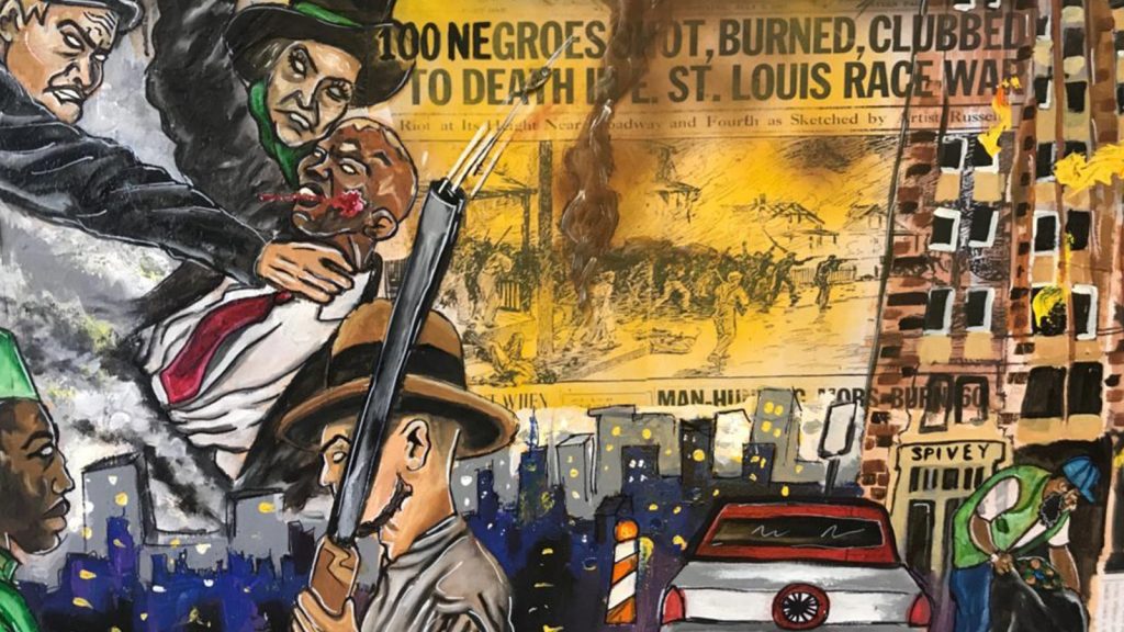Photograph of Mykael Ash’s painting that depicts the 1917 East Saint Louis Massacre