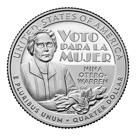 A new U.S. quarter shows Nina Otero-Warren, a leader in New Mexico’s suffrage movement and the first female superintendent of Santa Fe public schools. U.S. Mint