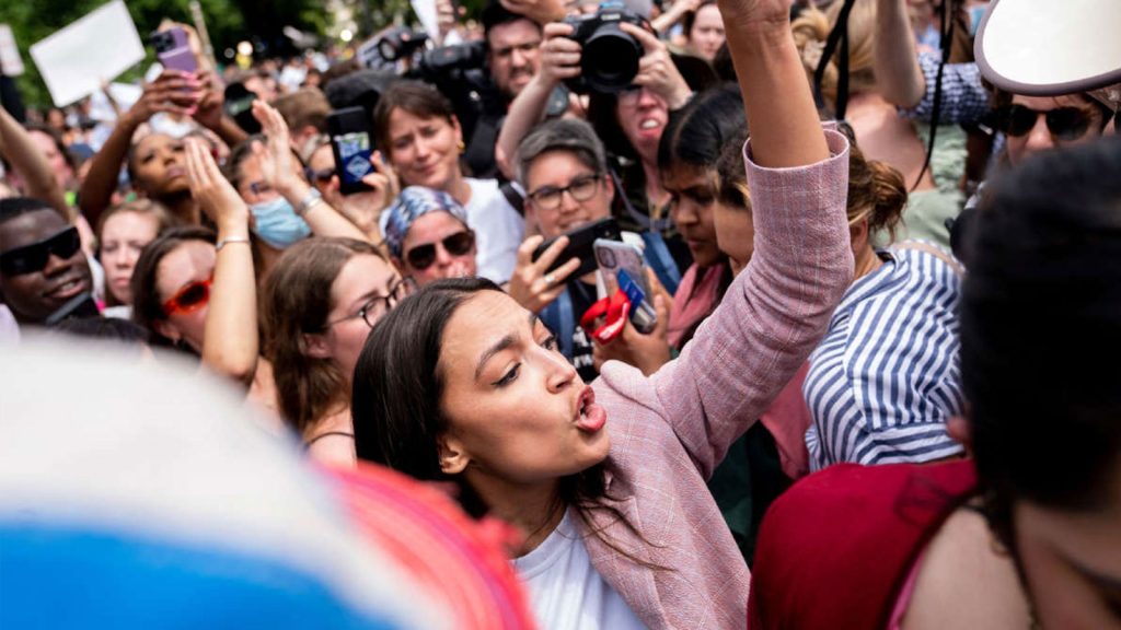 Rep. Alexandria Ocasio-Cortez speaks to abortion rights activists outside the U.S. Supreme Court in Washington, D.C., on June 24, 2022