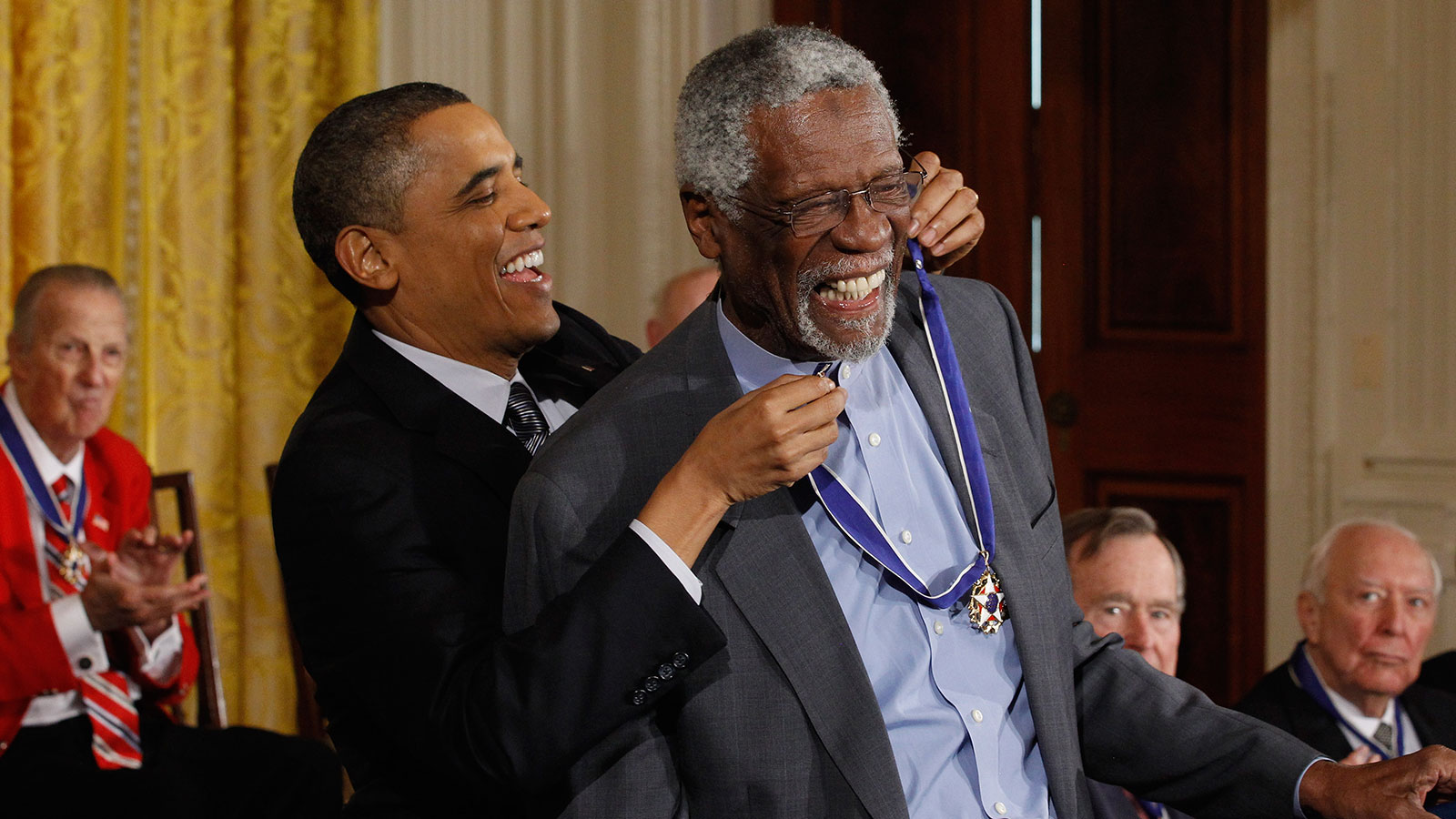 U.S. President Barack Obama presents Bill Russell the 2010 Medal of Freedom on Feb. 15, 2011. 