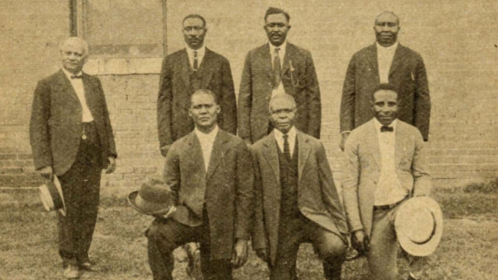 Six of the Elaine 12 circa 1923: S. A. Jones, Ed Hicks, Frank Hicks, Frank Moore, J. C. Knox, Ed Coleman and Paul Hall. Scipio Jones is at left. 