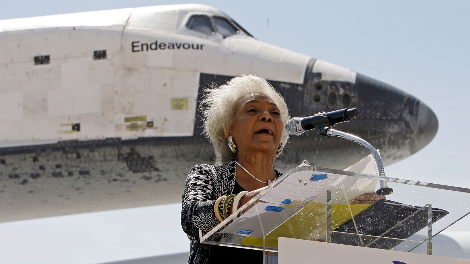 Nichelle Nichols speaks after the Space Shuttle Endeavour landed at Los Angeles International Airport Friday in September 2012. 