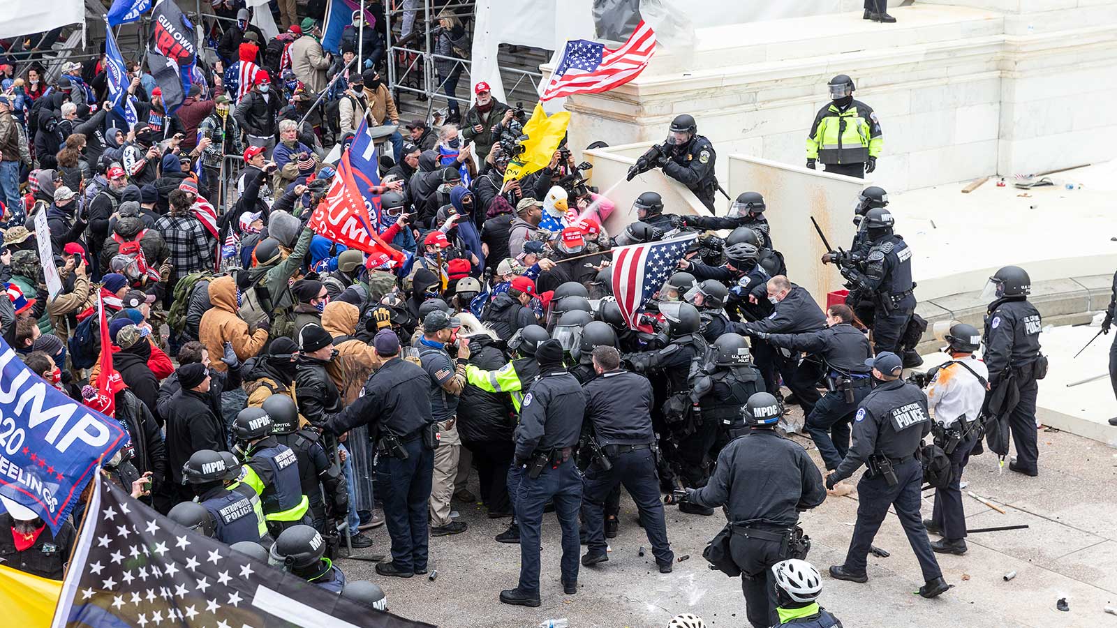 Pro-Trump protesters and police clash on Jan. 6, 2021, at the U.S. Capitol. 