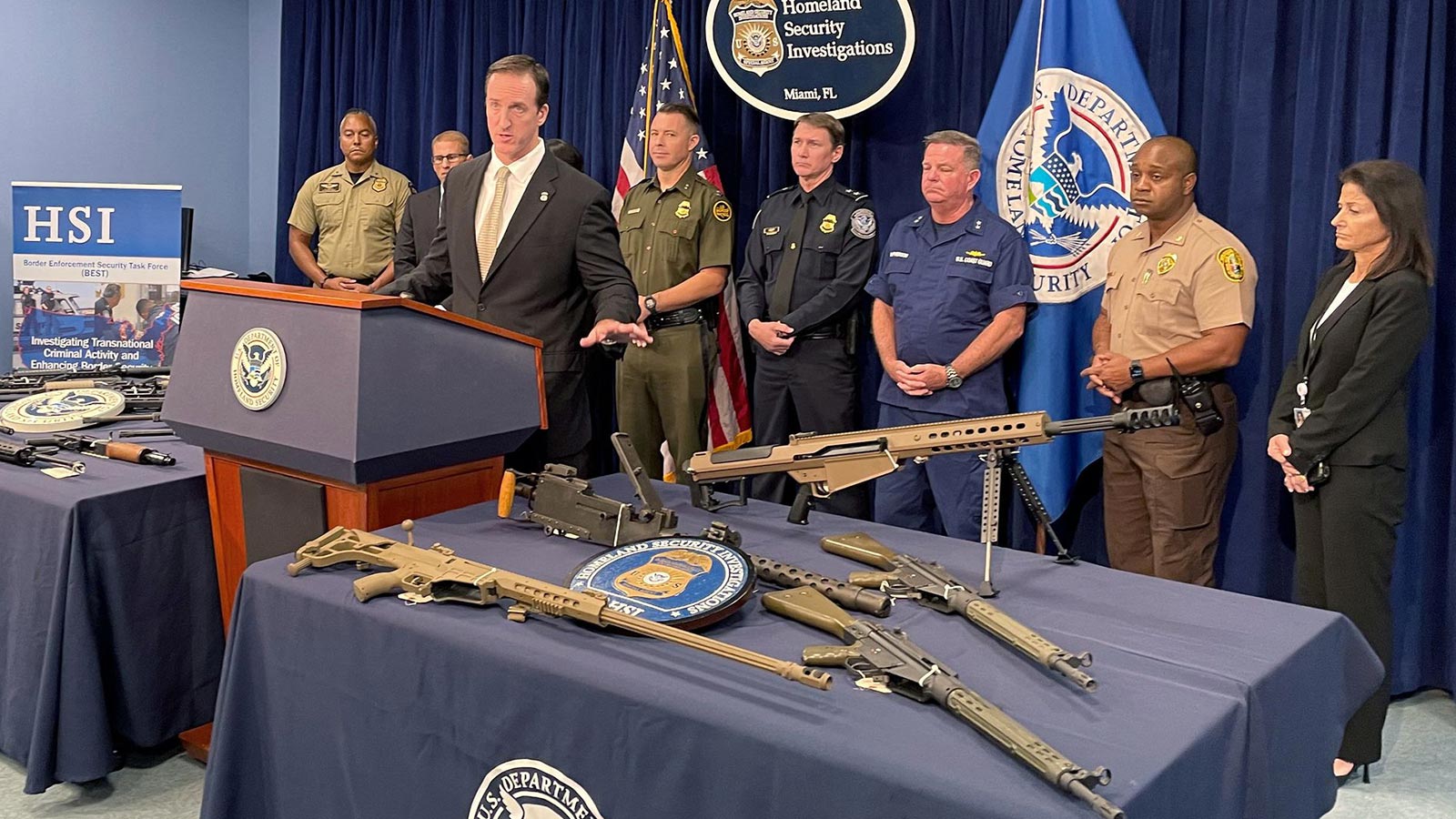 Anthony Salisbury, Special Agent in Charge of Homeland Security Investigations Miami speaks as weapons seized by U.S. authorities that had been destined for illegal export to Haiti are displayed at a news conference in Miami, Florida, U.S. August 17, 2022. 