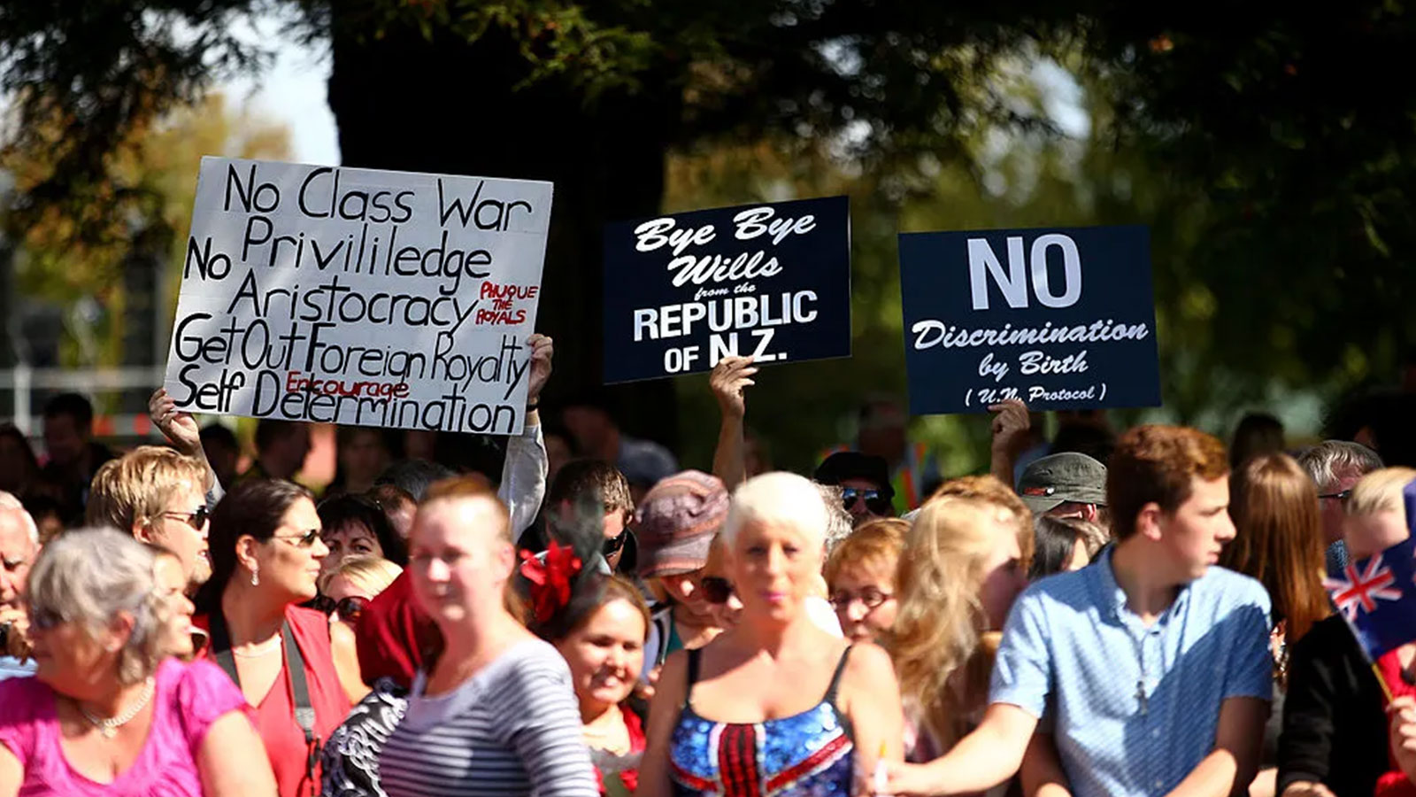A group of republicans protests outside the Town Hall before the arrival of the Duke and Duchess of Cambridge on April 12, 2014 in Hamilton, New Zealand. 
