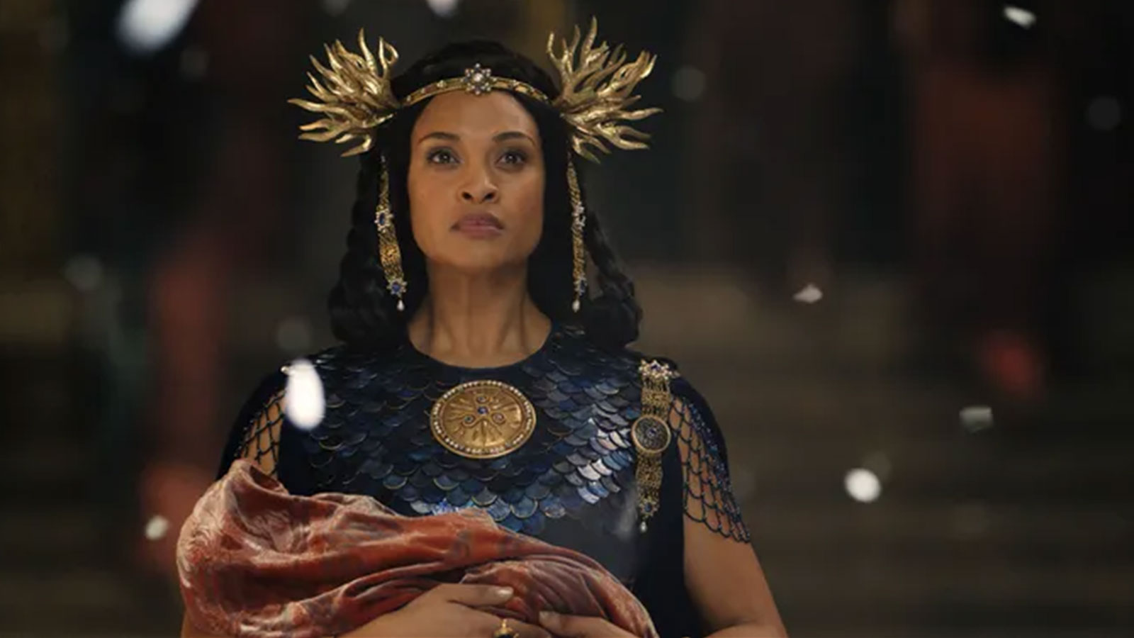 Cynthia Addai-Robinson as the Queen Regent Miriel in Lord of the Rings: Rings of Power. 