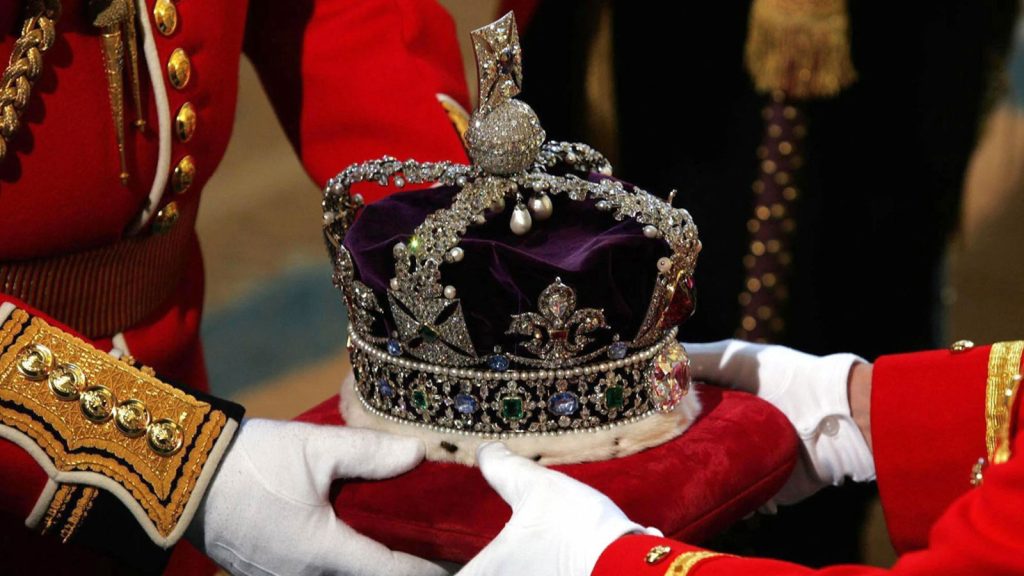 The crown to be worn by Queen Elizabeth II arrives at the Soverign Entrance of the House of Lords, in Westminster, on Nov. 6, 2007.