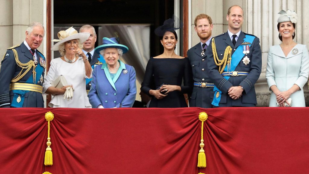 Members of the royal family gather on the balcony of Buckingham Palace as they watch a flypast in 2018.