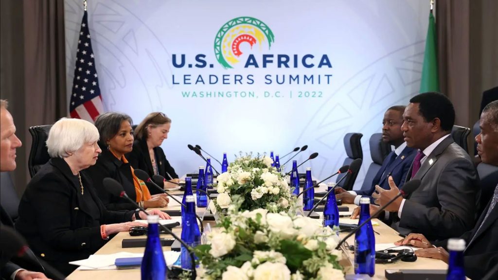 U.S. Treasury Secretary Janet Yellen (left) meets with Zambian President Hakainde Hichilema during the U.S.-Africa Leaders Summit on Dec. 15 in Washington, D.C
