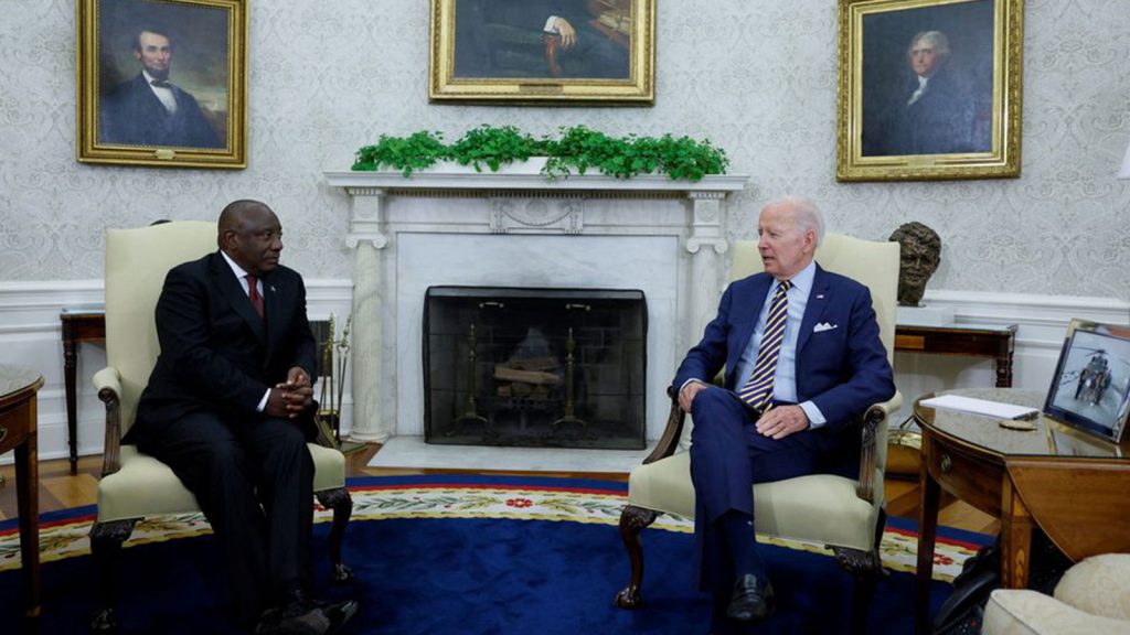 U.S. President Joe Biden meets with South Africa's President Cyril Ramaphosa in the Oval Office at the White House in Washington, U.S., September 16, 2022.