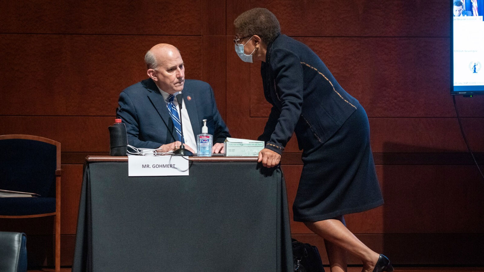 Rep. Karen Bass (D-Calif.) speaks with Rep. Louie Gohmert (R-Tex.) during a House Judiciary Committee markup on the Justice in Policing Act of 2020 at the Capitol on June 17, 2020. 