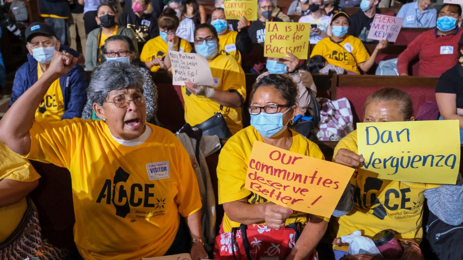 People protest before the start of the Los Angeles City Council meeting on Oct. 11. Cross-cultural coalitions protested an audio recording of Latino council members disparaging other communities. 