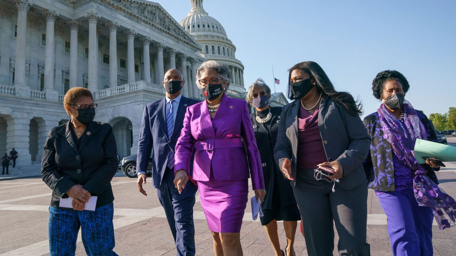 Rep. Karen Bass (D-Calif.), far left, walks with fellow members of the Congressional Black Caucus as they prepare to make remarks on the verdict of the murder trial of Derek Chauvin in 2021. 