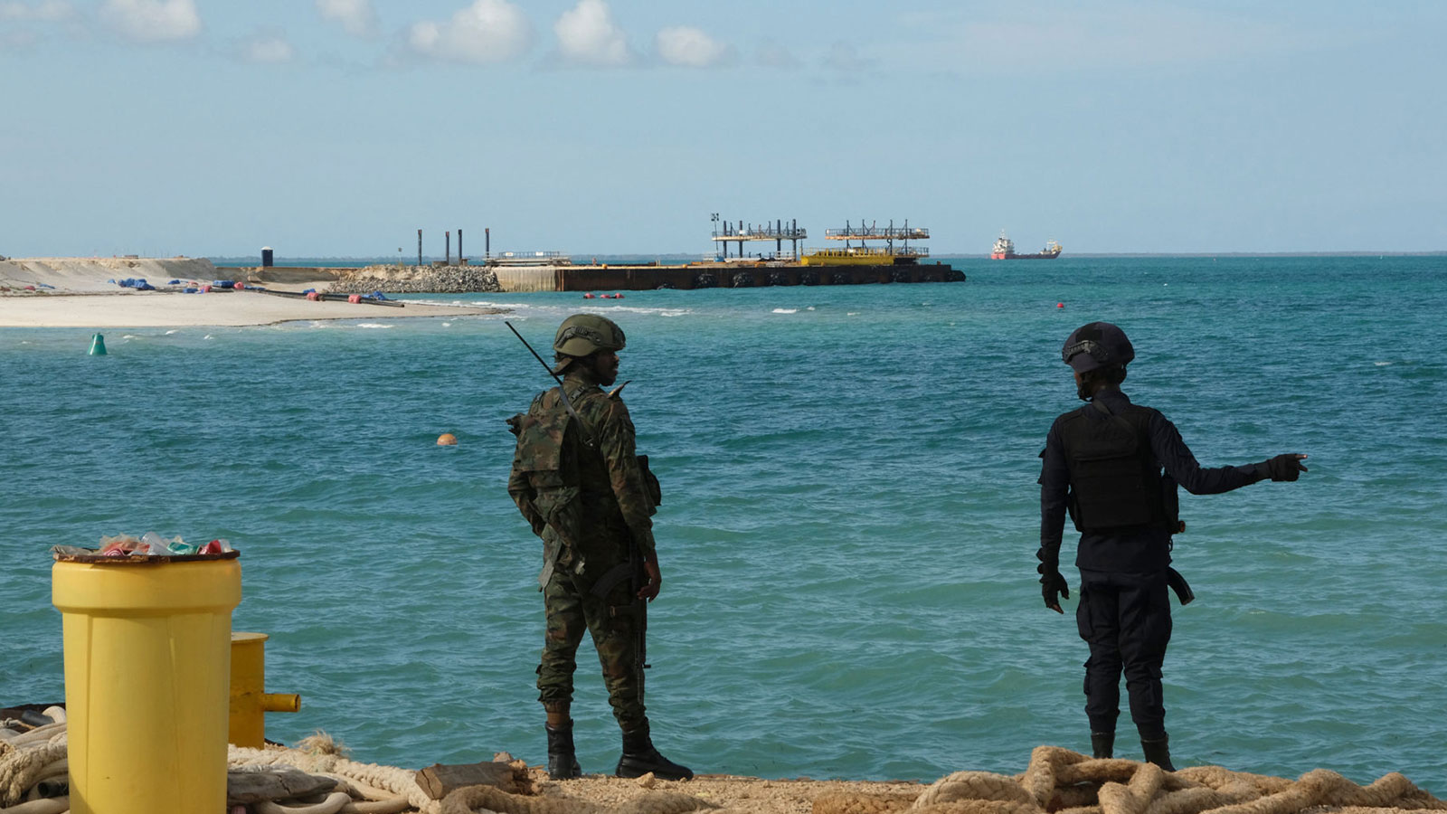 Soldiers guard an LNG project in the conflict-ridden northern province of Cabo Delgado in Mozambique.
