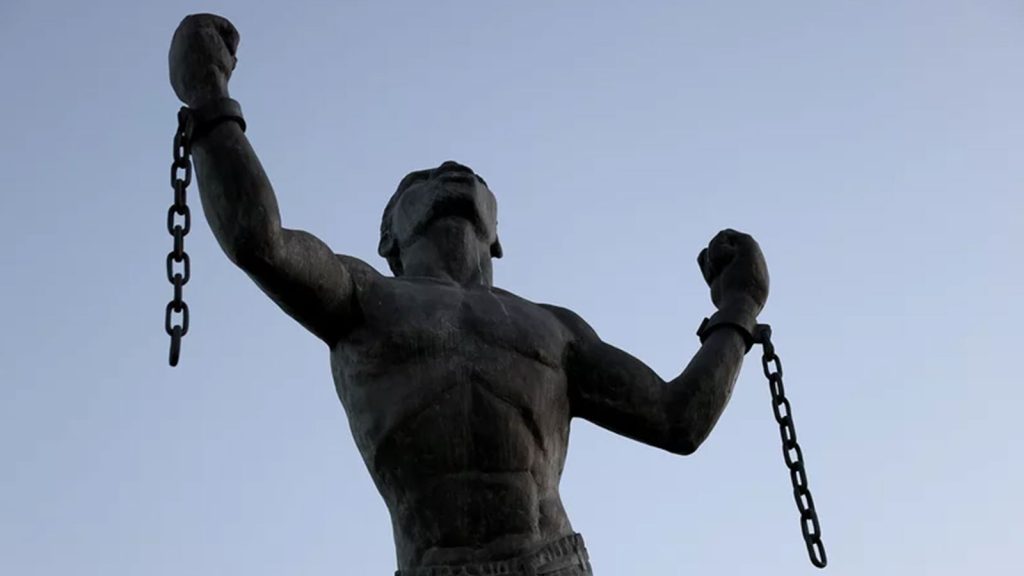 The Emancipation Statue symbolizing the breaking of the chains of slavery at the moment of emancipation is shown on November 16, 2021 in Bridgetown, Barbados.
