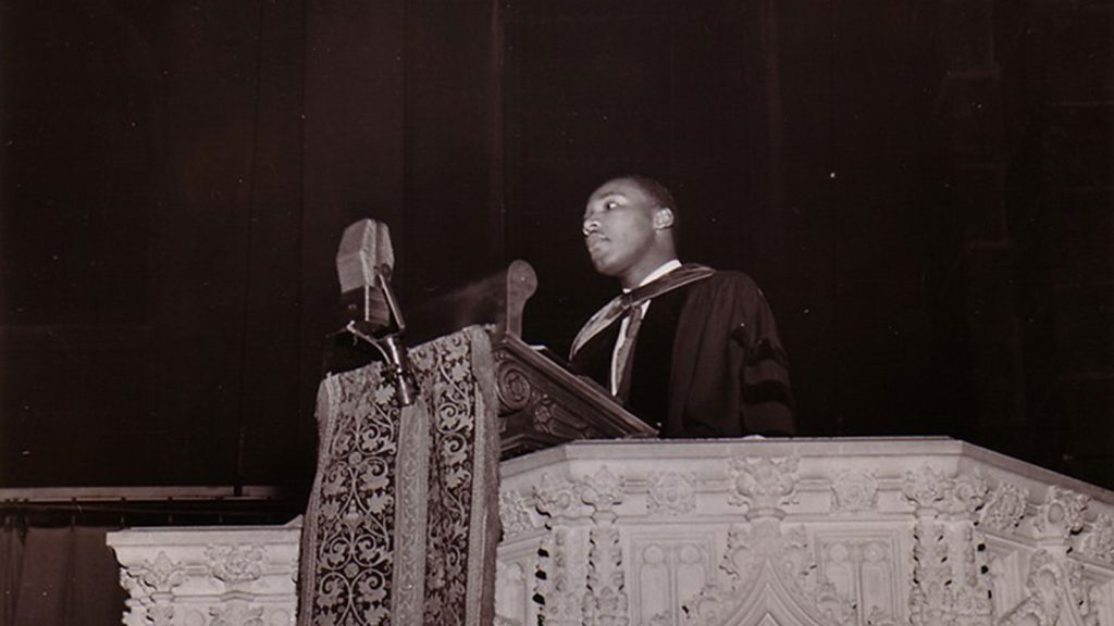 Martin Luther King, Jr. preaching from the Cathedral’s pulpit on May 17, 1956 (The Cathedral Archives).