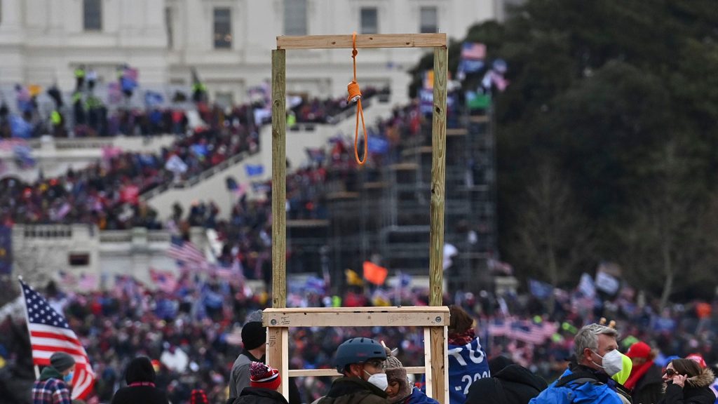 A makeshift gallows was erected during a protest calling for legislators to overturn the 2020 election results in President Donald Trump's favor at the U.S. Capitol on Jan. 6, 2021.