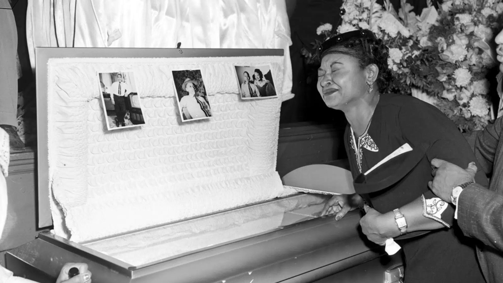 Mamie Till-Mobley weeps at her son's funeral on Sept. 6, 1955, in Chicago. The mother of Emmett Till insisted that her son's body be displayed in an open casket forcing the nation to see the brutality directed at Black people. The funerals of Black Americans who are the victims of police brutality or white supremacist violence serve both as outlets for private mourning and as venues to air shared grief and demand justice. 