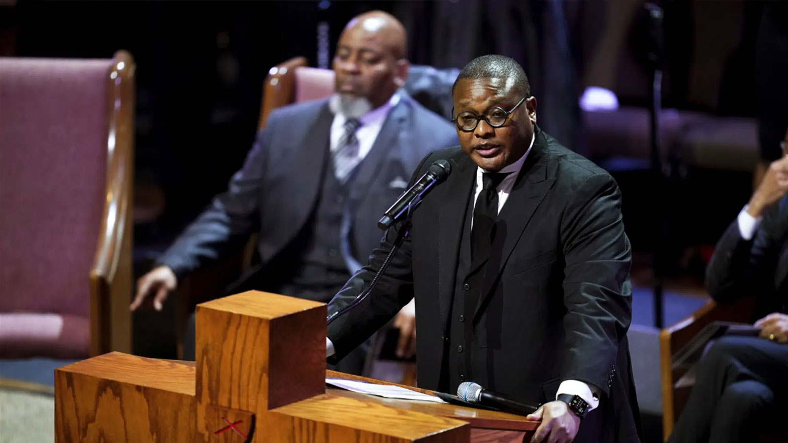 Rev. Dr. J. Lawrence Turner speaks during the funeral service for Tyre Nichols at Mississippi Boulevard Christian Church in Memphis, Tenn., on Wednesday, Feb. 1, 2023. Nichols died following a brutal beating by Memphis police after a traffic stop.