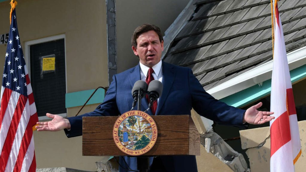 Florida Gov. Ron DeSantis speaks at a press conference in Daytona Beach Shores, Florida on January 18, 2023