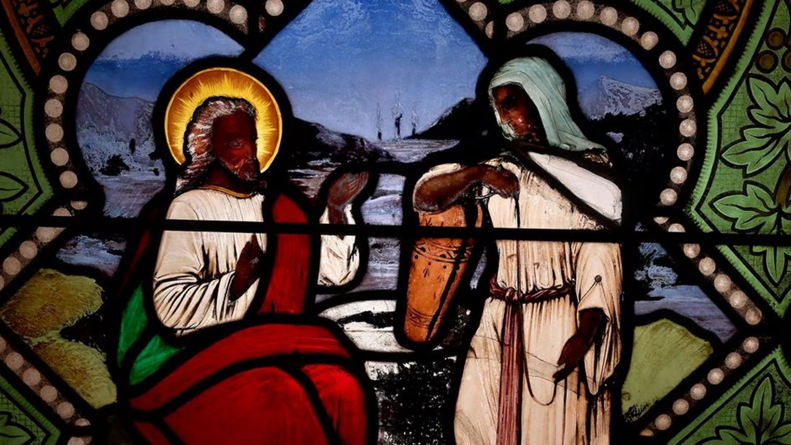A detail of the window that depicts Jesus with dark skin in a Warren, R.I., church. 