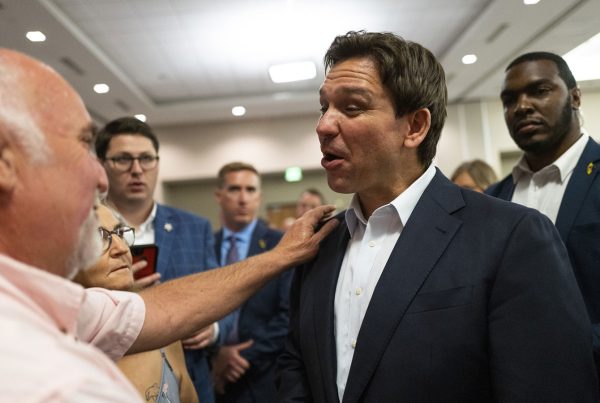 Florida Gov. Ron DeSantis speaks with attendees during an Iowa GOP reception on May 13, 2023 in Cedar Rapids, Iowa. Although he has not yet announced his candidacy, Gov. DeSantis has received the endorsement of 37 Iowa lawmakers for the Republican presidential nomination next year.