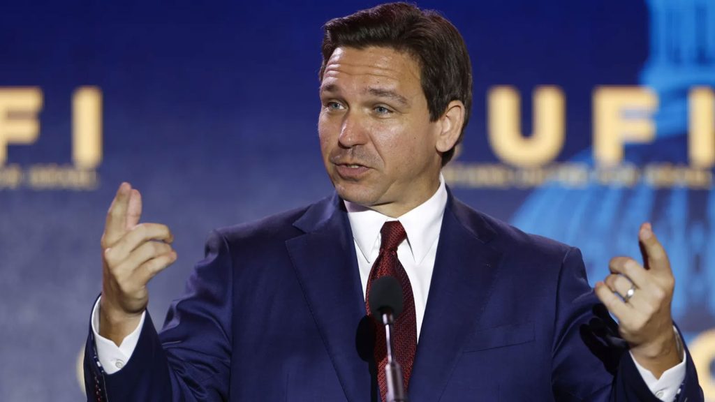 Republican presidential candidate Florida Governor Ron DeSantis delivers remarks at the 2023 Christians United for Israel summit on July 17, 2023 in Arlington, Virginia.