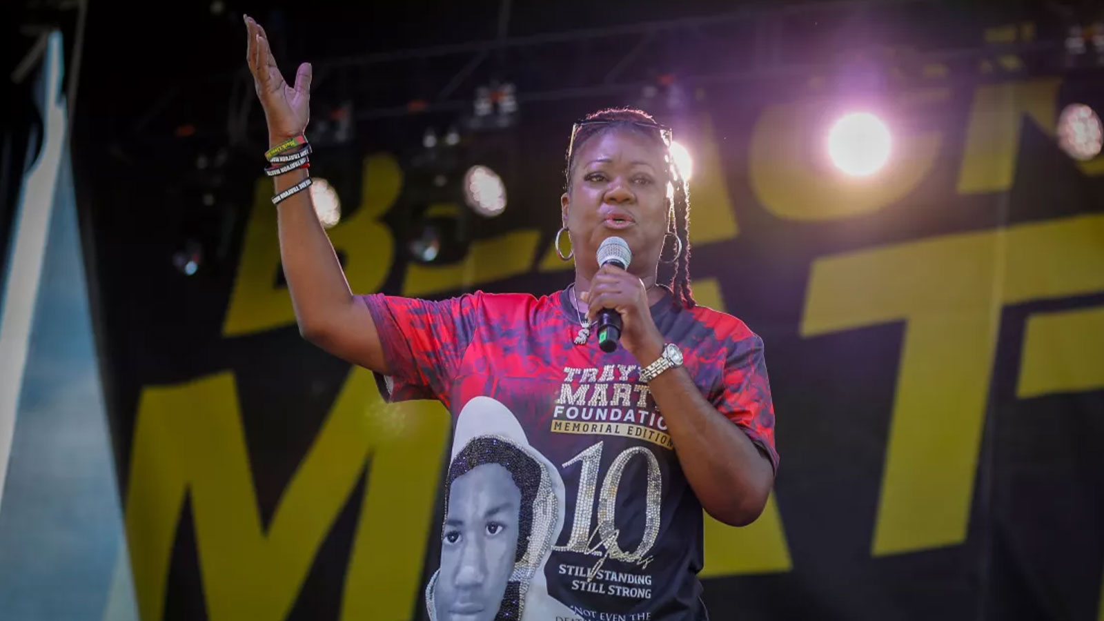Sybrina Fulton, mother of Trayvon Martin — who was racially profiled and killed a decade ago in Florida — speaks at the 10th anniversary Black Lives Matter Festival in L.A.’s Leimert Park.