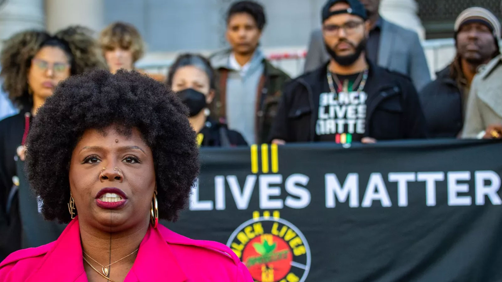 Patrisse Cullors, co-founder of the Black Lives Matter movement, speaks at a news conference outside L.A. City Hall in January after her cousin, Keenan Anderson, died following a violent encounter with the LAPD. 