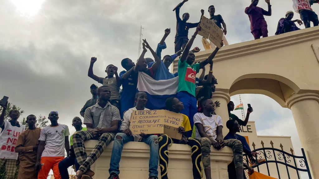 Supporters of Niger’s ruling junta gather for a protest in Niamey, Niger, on Aug. 3. 2023