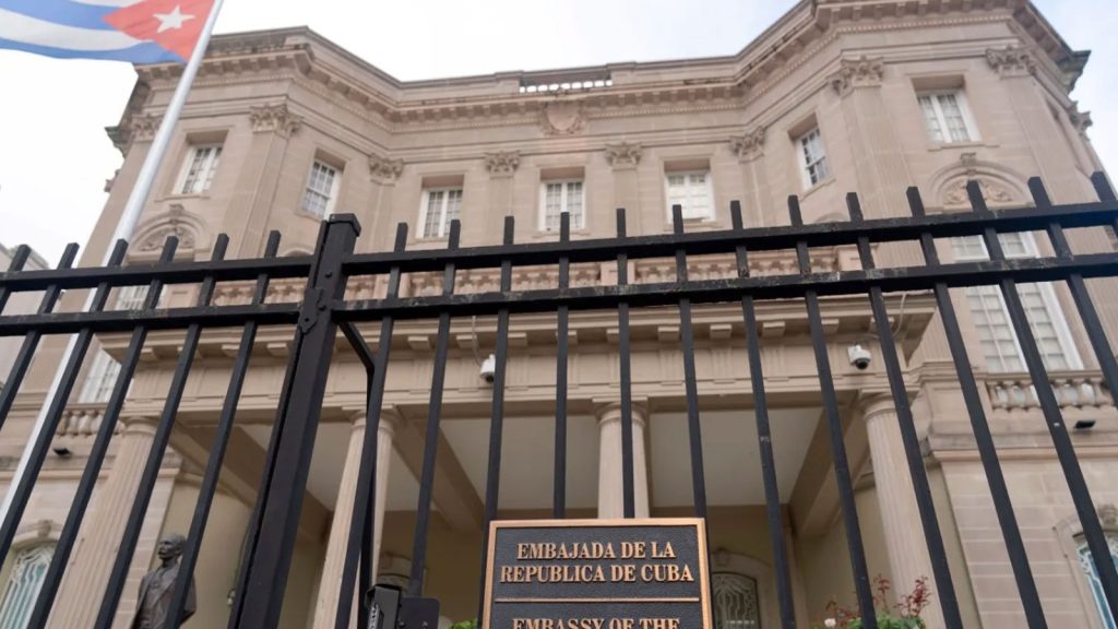 The Cuban Embassy is seen in Washington, Monday, Sept. 25, 2023. U.S. law enforcement officials have launched an investigation after a Molotov cocktail was thrown at the Cuban Embassy in Washington. There was no fire or significant damage to the building.