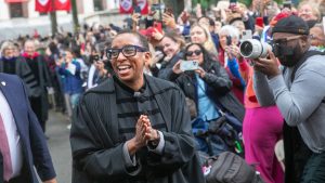 Claudine Gay proceeds to the stage for her inauguration as Harvard’s 30th president.