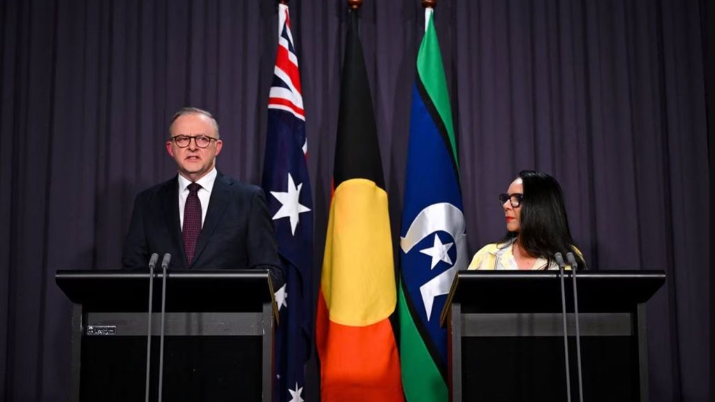 Australian Prime Minister Anthony Albanese and Minister for Indigenous Australians Linda Burney deliver a statement on the outcome of the Voice Referendum at Parliament House in Canberra, Australia October 14, 2023.