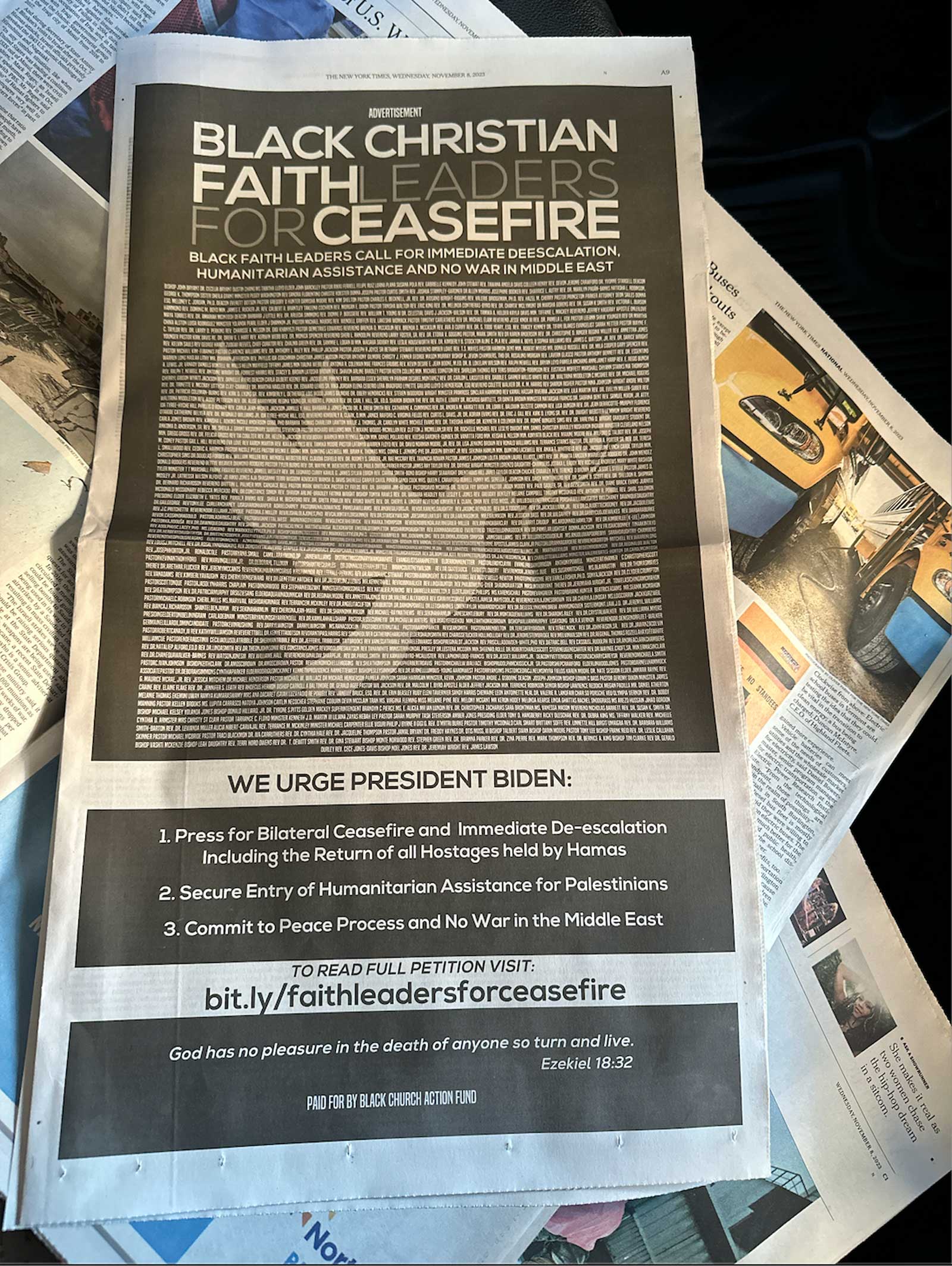 The New York Times, November 8th, 2023 Wednesday Edition on page A9 publishes 900+ Black Christian Faith Leaders Ad calling for Ceasefire in Israel-Hamas War. 