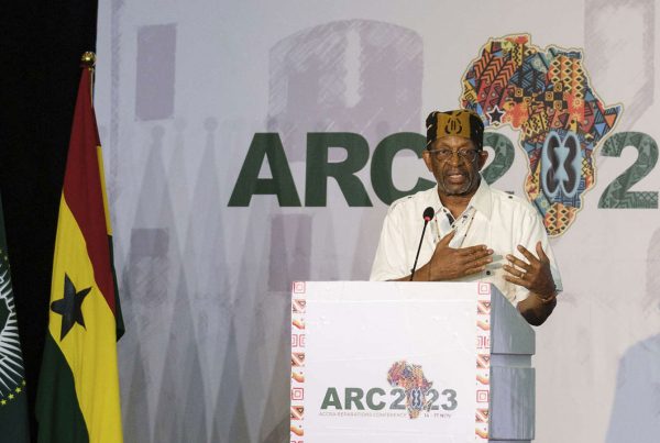 Ron Daniels, President of the Institute of the Black World 21st Century, speaks at the Africa Union reparation conference held in Accra, Ghana, Thursday, Nov. 16, 2023. A Global Reparation Fund will be set up to push for overdue compensation for millions of Africans enslaved centuries ago during the transatlantic slave trade, according to resolutions reached by delegates at the summit.