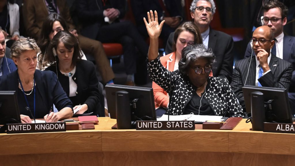 U.S. Representative to the United Nations Ambassador Linda Thomas-Greenfield raises her hand during the UN Security Council emergency meeting in New York, United States on October 18, 2023.
