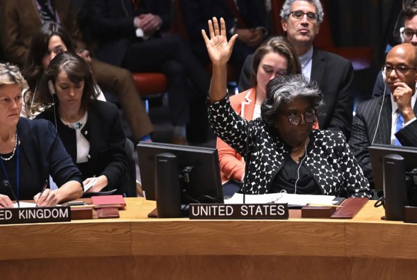 U.S. Representative to the United Nations Ambassador Linda Thomas-Greenfield raises her hand during the UN Security Council emergency meeting in New York, United States on October 18, 2023.