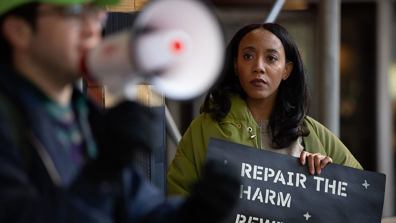 Nicole Carty at a rally in Manhattan in December to demand that Gov. Kathy Hochul sign legislation creating a commission to study slavery reparations. 
