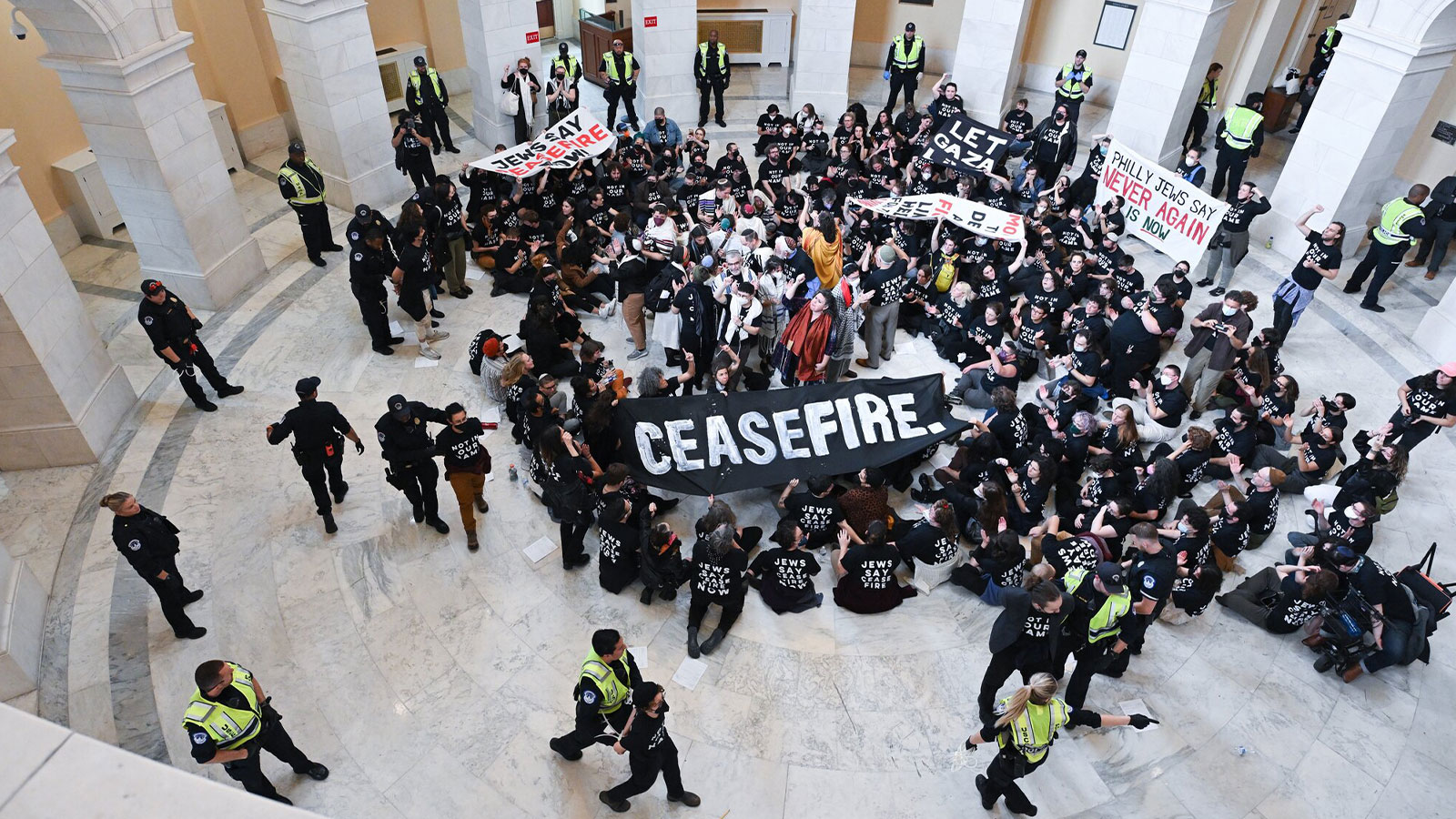 Pro-Palestinian demonstrators in the rotunda of the Cannon House Office Building in Washington in mid-October