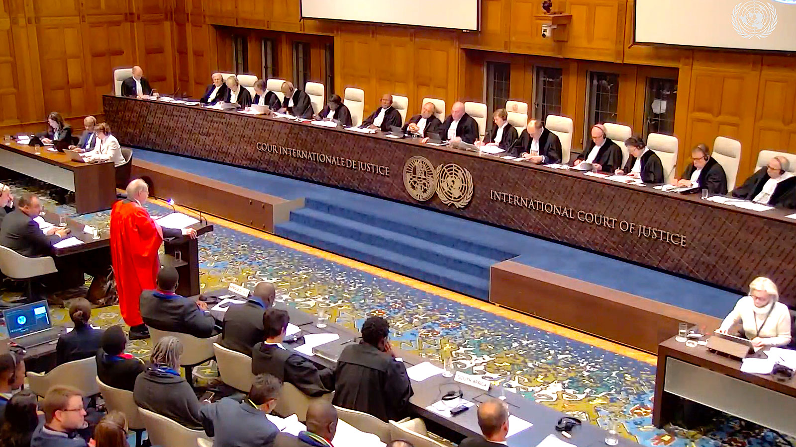 South Africa pleading before the judges of the ICJ. (UN TV screenshot)