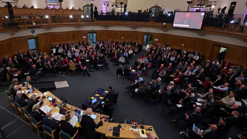 Archbishop of Canterbury Justin Welby delivers the Presidential Address at the opening session of the Church of England General Synod, in London, Britain, February 23, 2024.