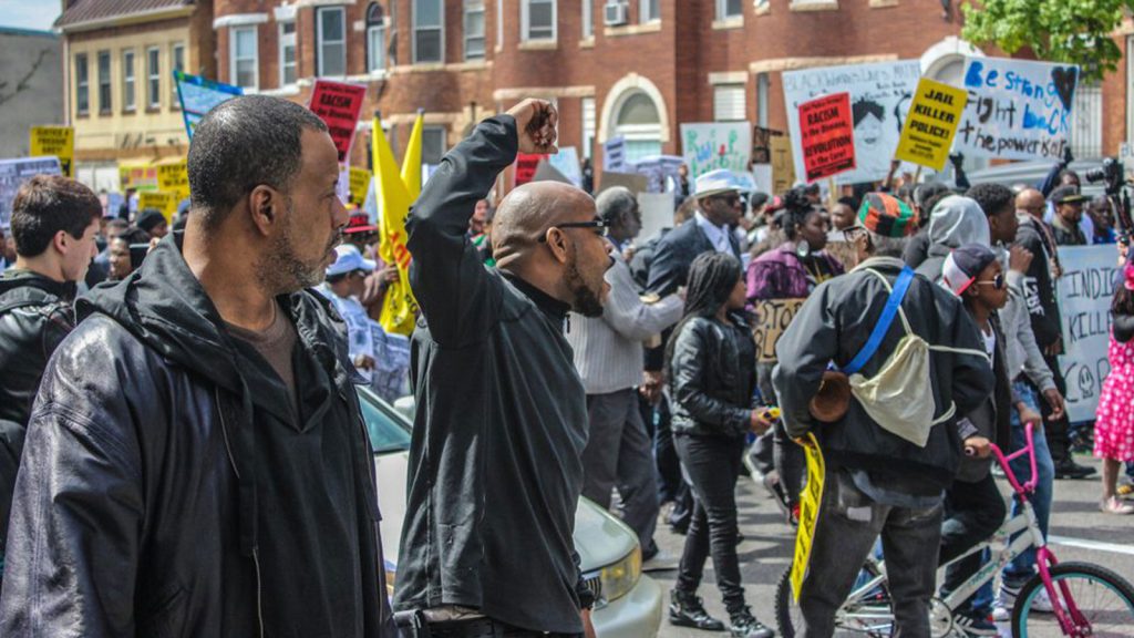 A protest in Baltimore following the death of Freddie Gray in police custody