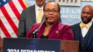 Assemblymember Lori Wilson, chair of the California Legislative Black Caucus, announces the 2024 reparations package of bills Feb. 20 at the Capitol.