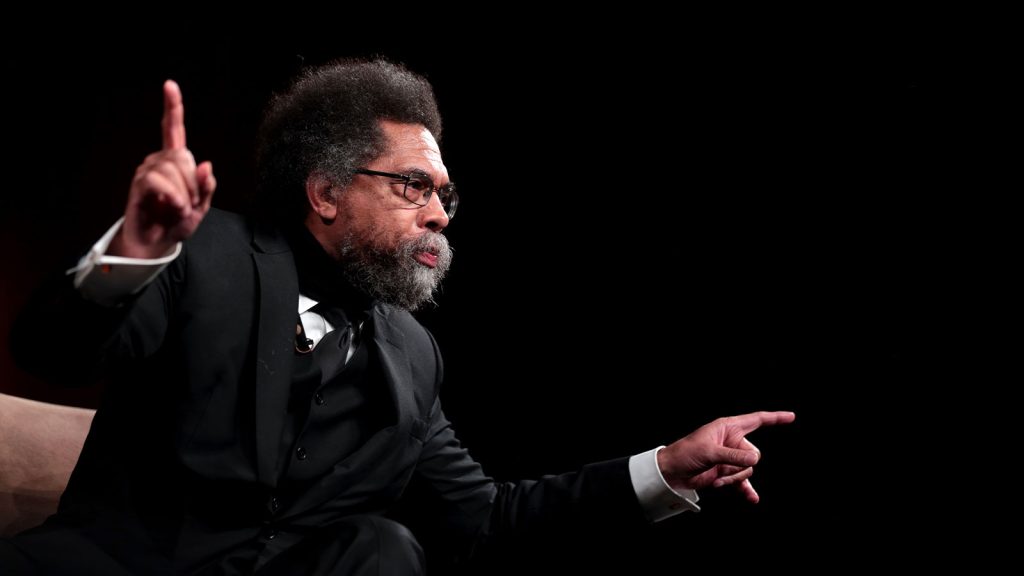 Cornel West speaking with attendees at an event at the Student Pavilion at Arizona State University in Tempe, Arizona. 2018