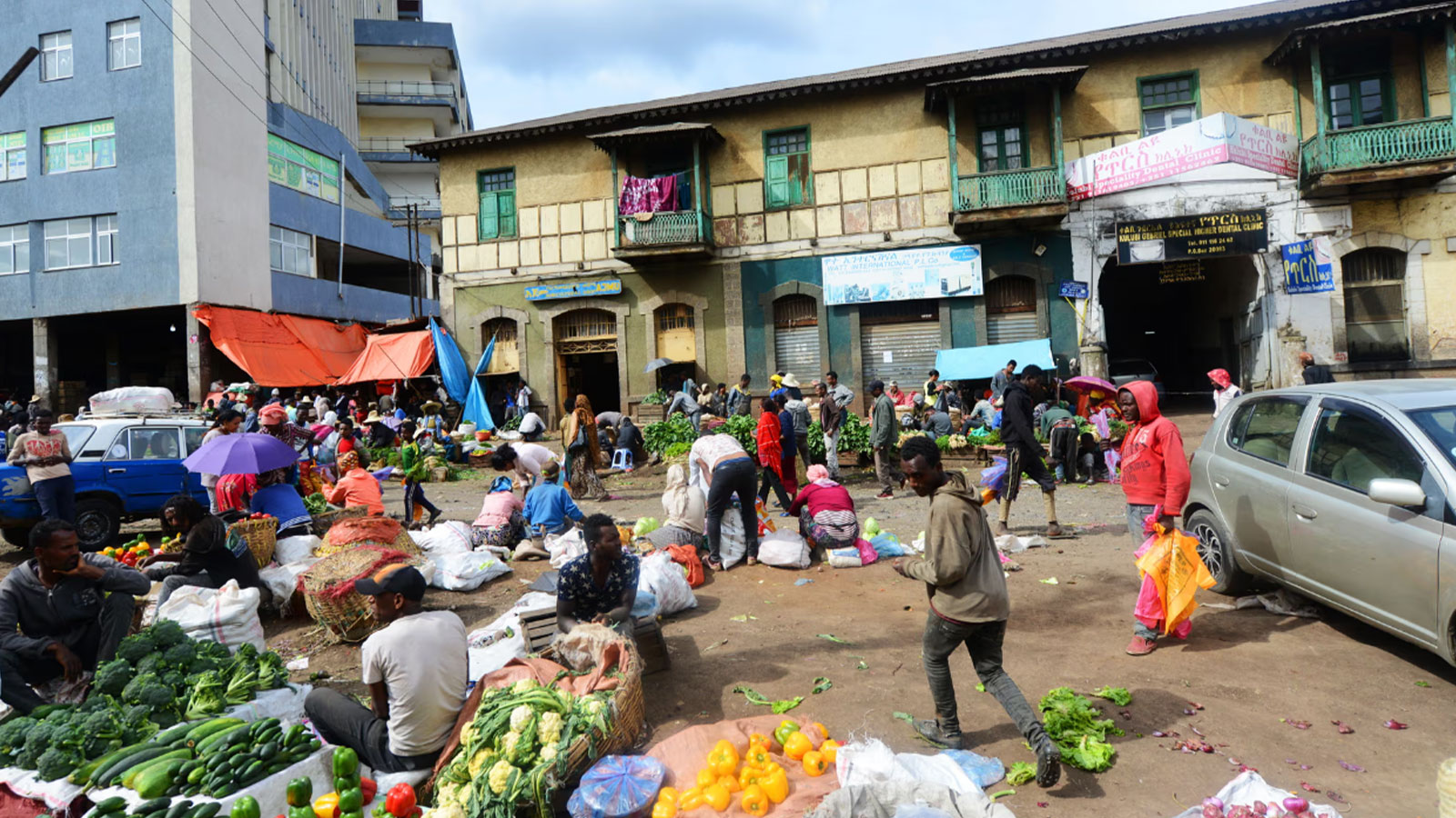 The busy outdoor market at Piassa in Addis Ababa. The neighbourhood is being cleared to make way for a road-widening project. 